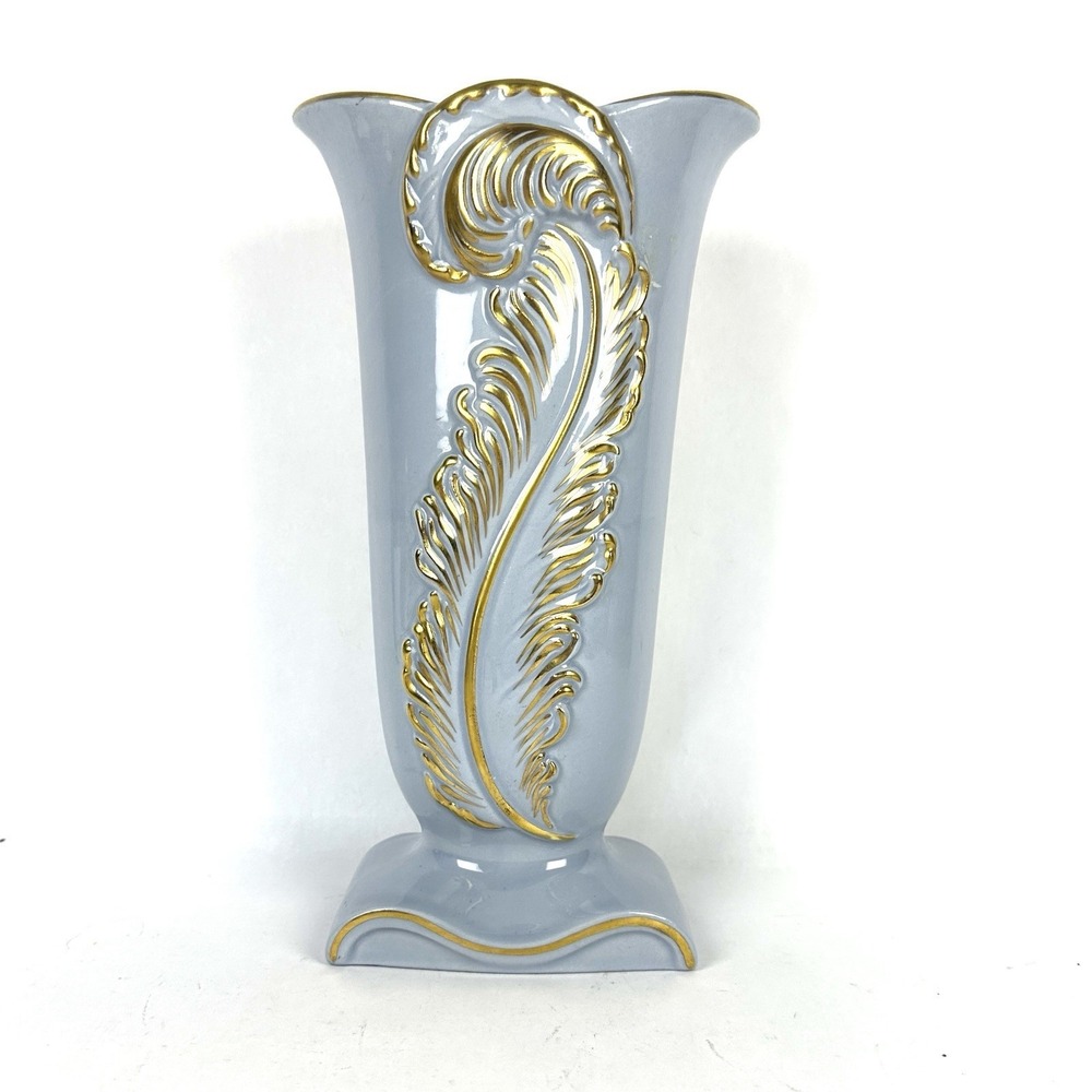 Vintage Chadwick Pottery Vase Blue with Gold Feather Art Deco 1940s USA
